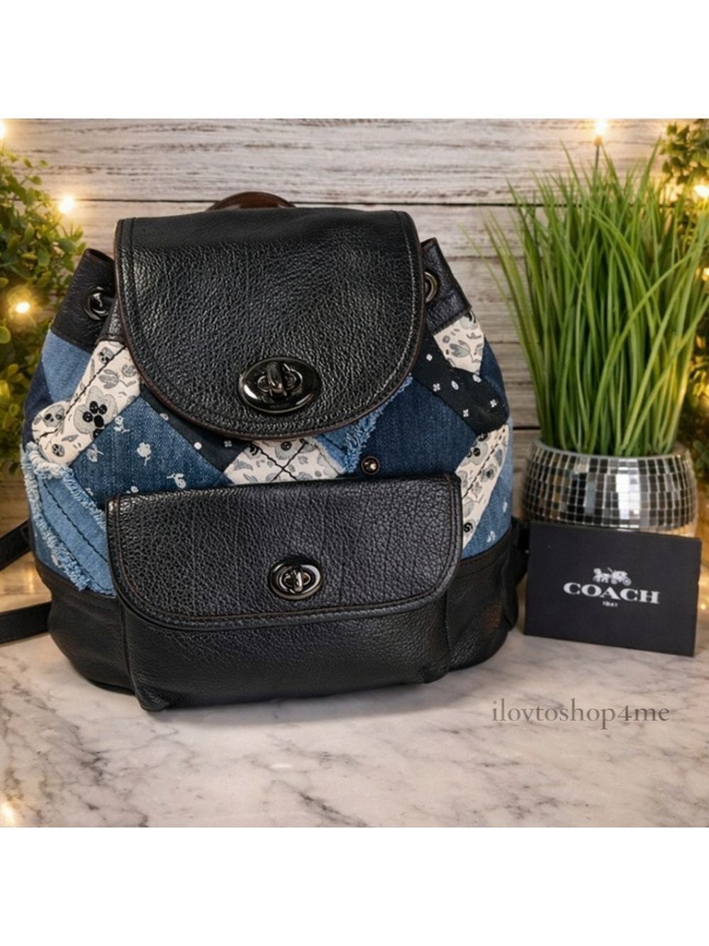 Coach Bag Black and Blue Denim Skulls Quilted Patchwork Turnlock Backpack School